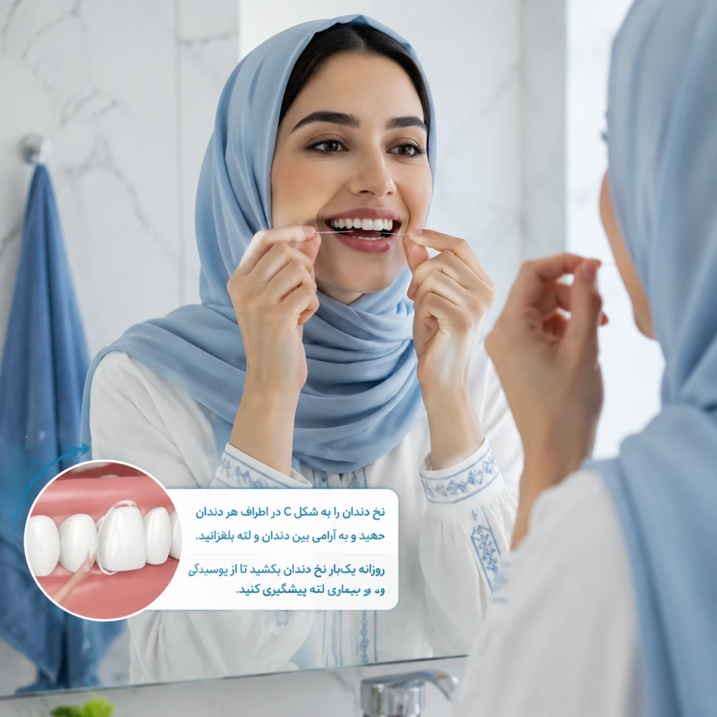 اهمیت استفاده از نخ دندان برای جلوگیری از بوی بد کامپوزیت و لمینت